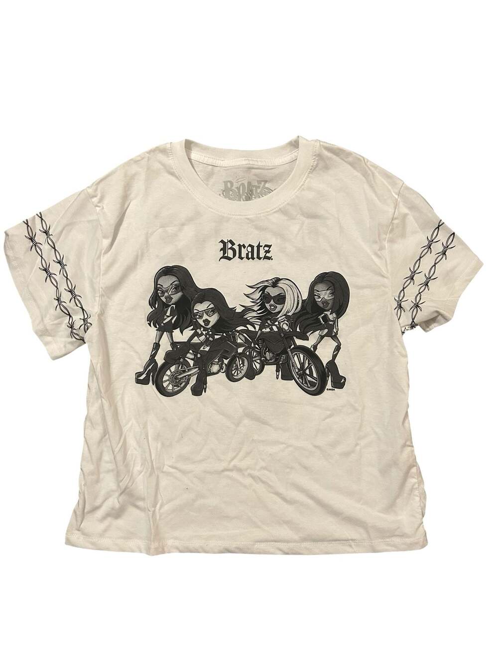 Bratz Motorcycle Graphic T-Shirt with Barbwire Sleeve Detail